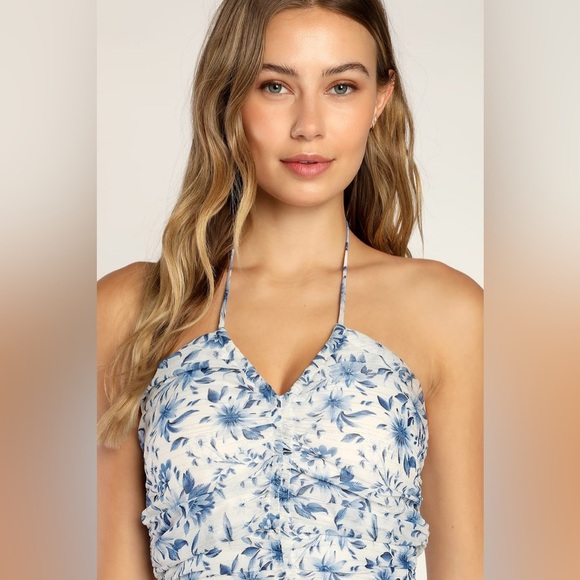 Lulus Stunning Shine White Floral Print Halter Blue white Mini Dress size small - Picture 3 of 14